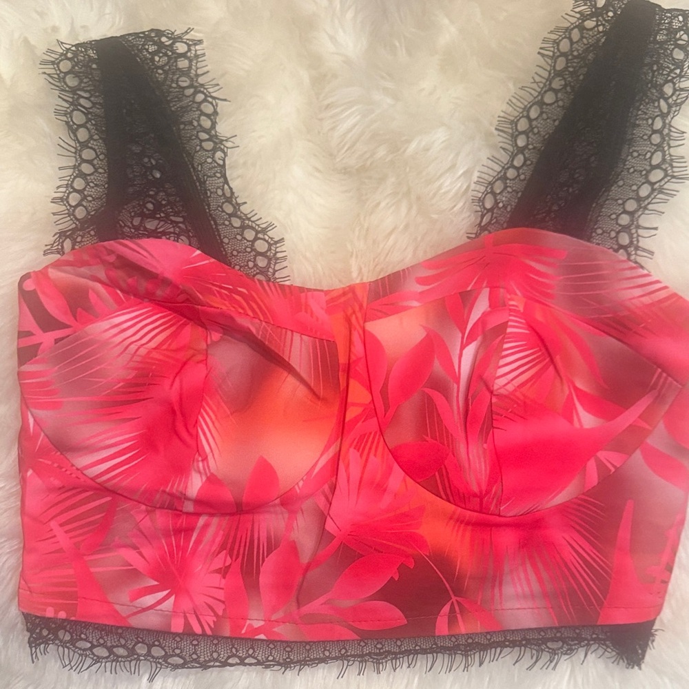 Lace-Trim Floral Longline Bralette in Hot Pink
